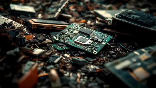 Electronic waste. Environment ecosystem pollution. Recycling. A closeup shot of a pile of electronic waste, showcasing a variety of electronic components.