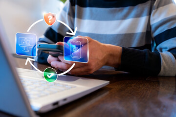 Two Factor Authentication Fingerprint Biometrics Scan On Smartphone Approving Laptop App Log In, Cross Device Verification And Secure Password Access
