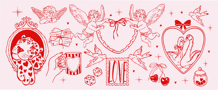Hand-drawn Valentine illustration set of trendy doodles in red crayon for with hearts, doves, frames, swan, letters, cup, leopard, bows and cupid. Romantic vintage sketch style for cards, stickers