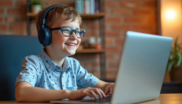 Young boy with glasses and headphones smiles while typing on laptop. He is engaged in online learning, enjoying his virtual class at home. Education and technology connect for happy child. - Powered by Adobe