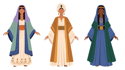 Collection of three women dressed in traditional ancient or biblical-era clothing, showcasing diverse and historical Middle Eastern or Roman attire.