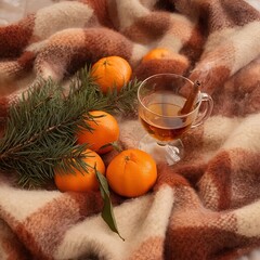 Warm tea with cinnamon and tangerines on cozy blanket in winter  