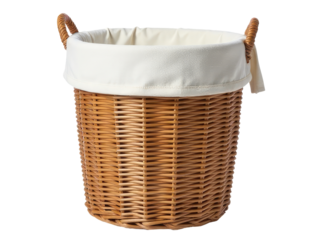 A natural wicker basket with a smooth white interior, ideal for storing small items or using as a decorative element