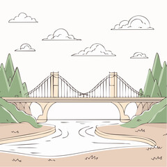 Fototapeta premium Giant bridge over river. Continuous one line drawing design