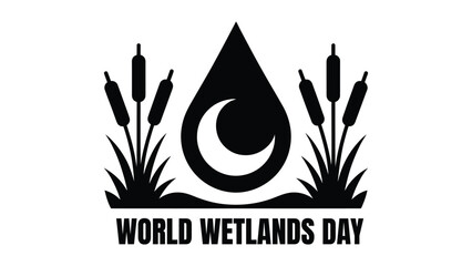 World Wetlands Day awareness concept with water drop crescent moon and reeds symbol highlighting wetland conservation, ecology, biodiversity and environmental protection