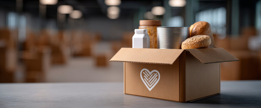 Cardboard donation box filled with non-perishable food items including canned goods, bread, and jars on a table in a warehouse setting