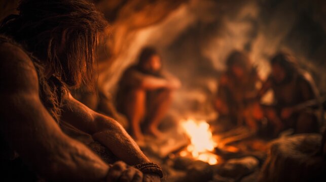 caveman in a cave sitting with his family by a campfire