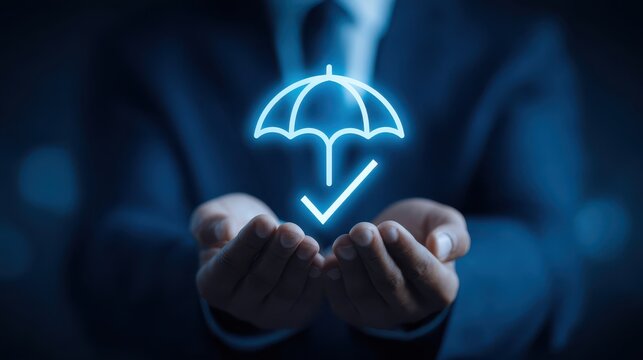 A visual representation of security and protection displaying a glowing umbrella icon held in cupped hands symbolizing safeguarding and trust high quality professional detailed modern elegant