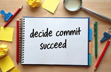 Open notebook shows handwritten words decide commit succeed. Office supplies like pens, pencils, paper clips, sticky notes, magnifier on wooden desk. Business planning concept.