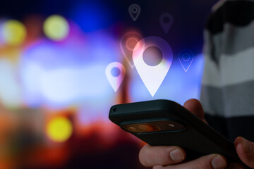 Location Pin On Smartphone In City At Night, Sending Location, Searching Places, GPS Navigation App For Meetups, Travel, And Urban Directions