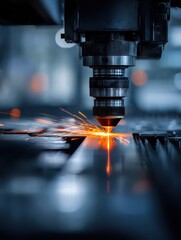 a close up view of a modern industrial laser cutter in operation with sparks flying as it precisely cuts through metal sheets showcasing advanced manufacturing