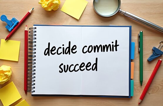 Open notebook shows handwritten words decide commit succeed. Office supplies like pens, pencils, paper clips, sticky notes, magnifier on wooden desk. Business planning concept.