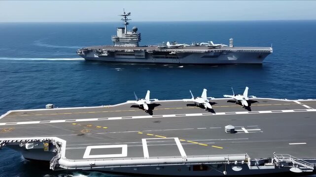 Aircraft Carrier Flight Deck with Fighter Jets at Sea Military Ops Now