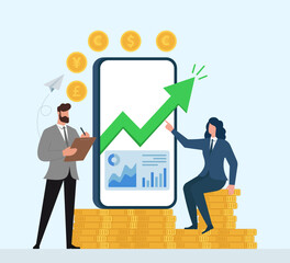 Mobile Finance Growth Dashboard with Business Analysts, Rising Profit Arrow, and Global Currency Coins, Investment Strategy, Market Analytics, Wealth Building, Financial Planning