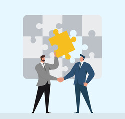 Business partnership handshake completing a puzzle deal, Collaboration, Teamwork, Problem Solving, Agreement, Success