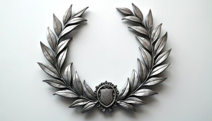 Silver laurel wreath with central crest symbolizes victory and achievement. This emblem is perfect for awards ceremonies and recognition events.
