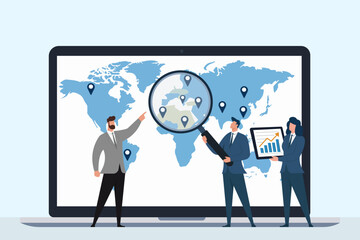 Global market research and location analytics on a world map dashboard, International Expansion, Geotargeting Insights, Market Research, Business Data Analytics, Strategic Planning