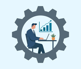 Business analytics professional working on laptop with growth chart inside a gear, Data Analysis, Performance Tracking, Strategic Planning, Business Growth, Productivity