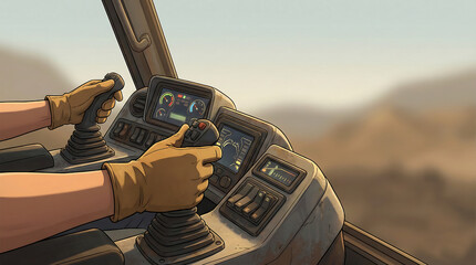 Mechanical Control Interface: Close-Up of Operator Hands Using Dual Joysticks Inside Heavy Machinery Cabin Illustration