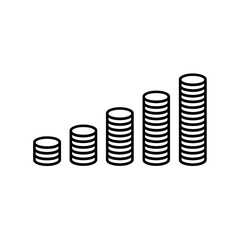 Line art icon of five stacks of coins increasing in height, symbolizing growth, finance, or investment.