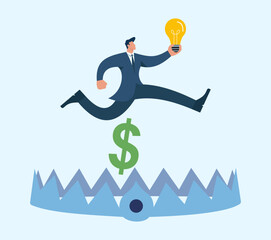Businessman jumping over money trap with bright idea, entrepreneurship, risk management, financial strategy, innovation
