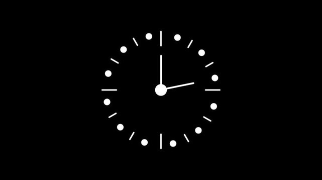 Clean circular white clock animation on a dark background representing punctuality morning work routines deadlines and daily schedule organization for professional digital media projects.
