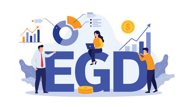 EGD business and finance concept showing a team analyzing charts, managing investments, and working toward financial growth with money symbols.