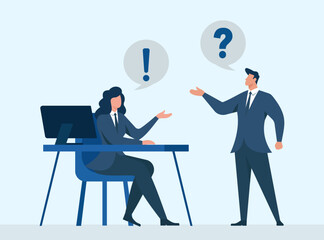 Business consultation scene: office receptionist and client discussing questions and alerts at a desk, flat vector illustration, Customer Support, Client Inquiry, Office Communication, Problem Solving