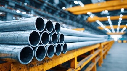 a detailed view of stacked metal pipes resting on a yellow support structure within a large industrial factory setting high quality professional modern elegant stylish clean