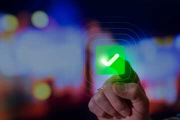 Hand Pressing Green Checkmark Button To Confirm Agreement And Accept Deal Online, Approval And Verification For Contract, Order Confirmation, Secure Transaction Consent
