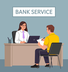 This image depicts a customer in consultation with a bank representative at a modern banking service desk, reflecting professionalism and customer service in the finance industry.