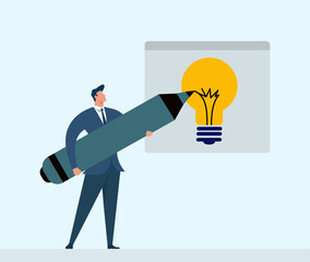 Businessman sketching a lightbulb idea on a board with a giant pencil, Creative Thinking, Innovation, Brainstorming, Strategy Planning, Problem Solving