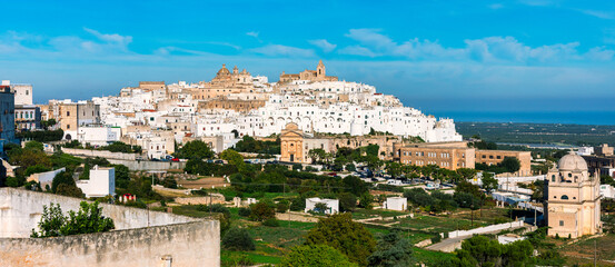 View of Ostuni white town, Brindisi, Puglia (Apulia), Italy, Europe. Old Town is Ostuni's citadel. Ostuni is referred to as the White Town. Ostuni white town skyline and church, Brindisi, Italy.