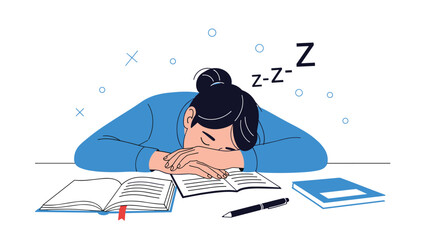 Tired student or employee with dark hair sleeping at a desk, with their head on their arms over open books, indicating burnout or exhaustion.