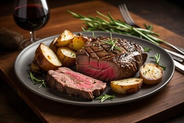 Juicy Grilled Beef Steak with Roasted Potatoes and Rosemary