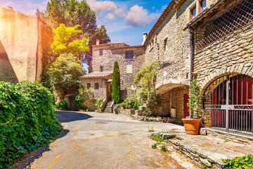 View of Goult, a small typical town in Provence, France. Discover the stunning hilltop village of Goult in Provence on a sunny day. Ancient hilltop village of Goult, Provence, France.