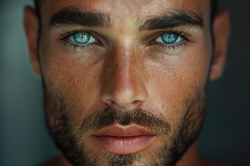 Obraz premium Close up portrait highlighting captivating blue eyes of a confident male model with a short beard