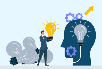 Business Innovation and Creative Thinking Concept with Light Bulbs, Mind Head Silhouette, Gears and Growth Arrow, Innovation, Creativity, Problem Solving, Brainstorming, Business Growth
