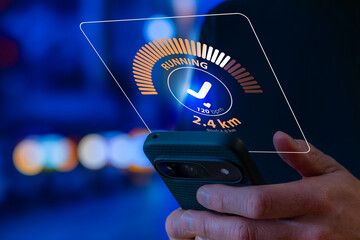Running Fitness Tracker App On Smartphone Showing Progress, Heart Rate And Distance, Checking Workout Results For Healthy Lifestyle Training Motivation