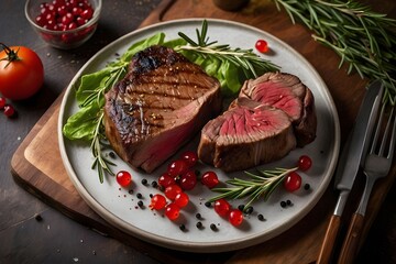 A perfectly cooked steak dinner with fresh garnishes.