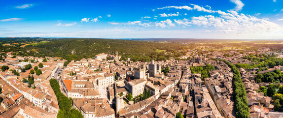 View of beautiful town of Uzes, Gard department, France. Aerial view of the historic town of Uzes, France. Historic town of Uzes with stunning aerial views of its medieval architecture, Gard, France.