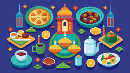 Top down vector view of an Iftar table with various dishes, water, dates, and a lantern, vibrant colors, flat design style.