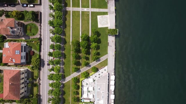 Aerial view of Luino's lakeside promenade, Lake Maggiore, Italy