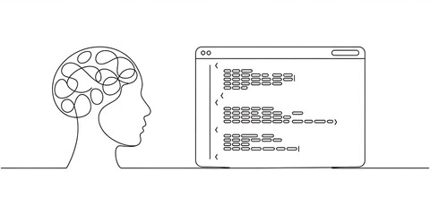  AI interface and code representing generative AI, prompt engineering, artificial intelligence development, automation, and machine learning technology.Continuous one line drawing.