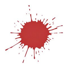 A vivid red paint or ink splatter with irregular, dynamic edges and radiating droplets on a clean white background.