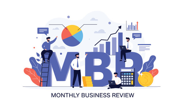 MBR or Monthly Business Review concept showing a team analyzing performance charts, managing finances, and planning for the next month's goals.