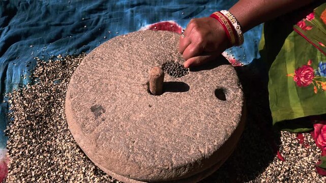 A close-up view of an Indian woman working with a stone quern to grind urad dal highlights traditional village life, sustainable living, and authentic culinary heritage.
