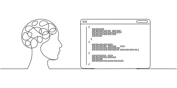  AI interface and code representing generative AI, prompt engineering, artificial intelligence development, automation, and machine learning technology.Continuous one line drawing.
