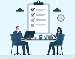 Business meeting with checklist planning, Goal setting, Task management, Team collaboration, Project review, Time management