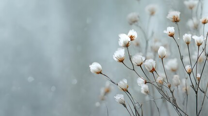 Small cream-colored flowers on thin branches are gently coated with ice crystals in a soothing winter atmosphere.